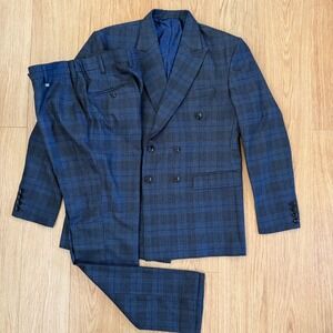French Crown Suit Mens 42 34x31.5 Gray Blue Plaid Double Breasted AMAZING Wool